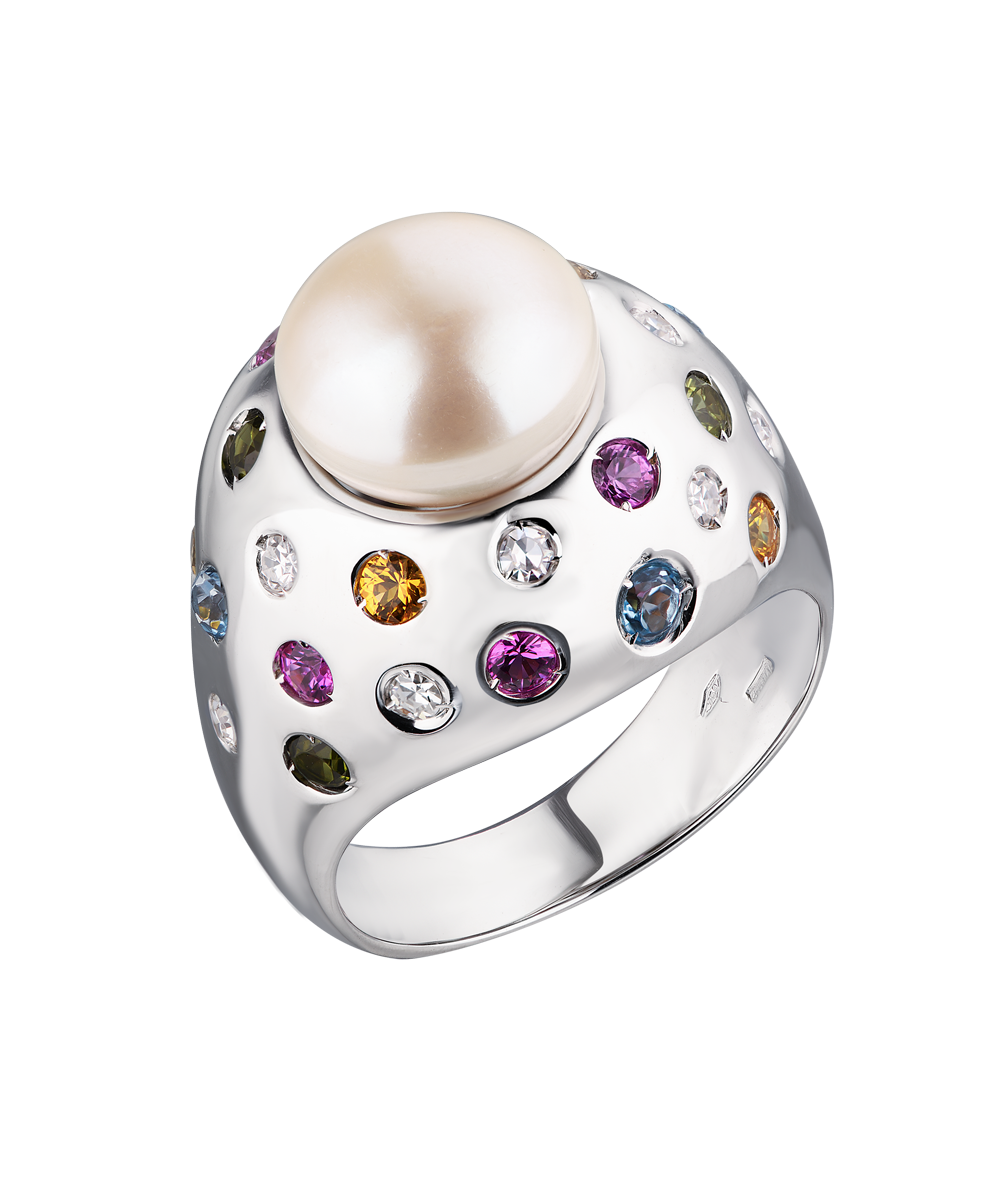Кольцо Ralfdiamonds White Gold 10.8 mm Pearl & Diamonds & Sapphires & Topaz RDR(14479) №6