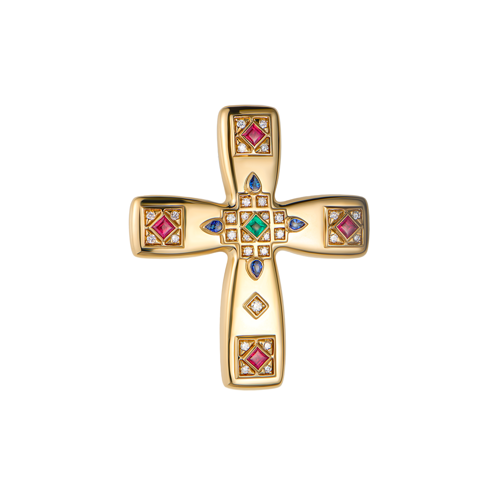 Крест Cartier Byzantine Cross in Yellow Gold with Diamonds Rubies Sapphires(56303) №2
