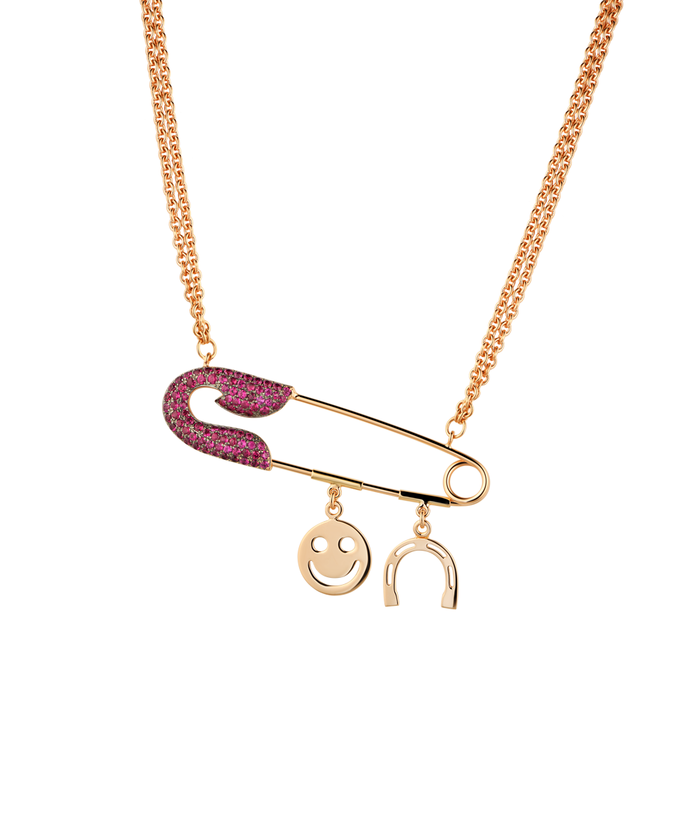Колье Jacob&Co ROSE GOLD RUBY SAFETY PIN NECKLACE WITH CHARMS(15518) №3